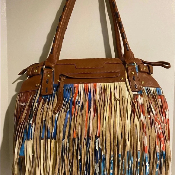 Handmade painted multicolor leather fringe bag - Picture 2 of 10
